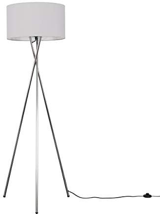 MiniSun | Modern Polished Chrome Metal Tripod Floor Lamp with a Pale Grey Shade | Floor Lamps, Home Décor & Improvement Essential | Includes 1x 6W LED E27 Light Bulb with 3000K Colour Temperature