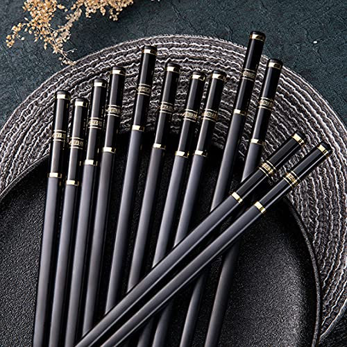 Haosell Lot de 5 paires de baguettes japonaises en alliage noir et or en fibre de verre - Passe au lave-vaisselle - Coffret cadeau - Baguettes chinoises réutilisables pour vaisselle asiatique