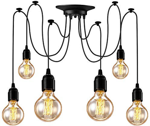 6 Heads Spider Ceiling Pendant Lighting (Each with 5.9Ft/1.8M Wire)E27 Ajustable Edison Retro Chandelier Hanging Light, DIY Industrial Vintage Spider Lamp Fitting, for Dining Hall, Cafe, Hotel