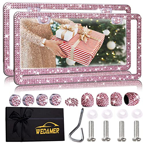 WEDAMER Marco de matrícula rosa brillante, marco de matrícula rosa con diamantes de imitación rosados, marco de matrícula rosa brillante, marco de matrícula con purpurina deslumbrante para mujer