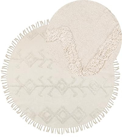 Beliani Teppich Baumwolle beige mit Fransen geometrisches Muster rund 140 cm Boho Harran