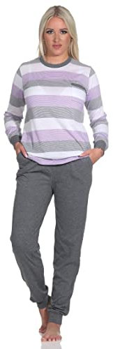 Normann Damen Schlafanzug Langarm mit Bündchen in Blockstreifenoptik - auch in Übergrössen, Farbe:Flieder, Größe:36-38