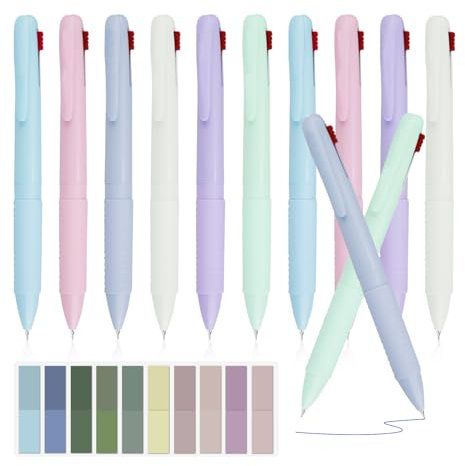 HMIEPRS 12 Stück Mehrfarbiger Kugelschreiber, 0,5mm 4-in-1 Versenkbare Kugelschreiber Stifte mit Index Tabs, 4 Farben Kugelschreiber Mehrfarbig für Büro Schulbedarf Lehrer Krankenschwester Geschenk