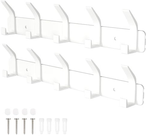 Sarsumir Porte Manteau Mural Patere Murale, 2 Paquets Crochet Salle De Bain Avec 5 Crochets Pour Suspendre Sac à Dos, Veste, Chapeau, Porte Manteau Pour Porte - Blanc
