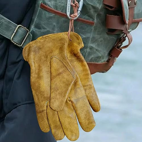 OLSON DEEPAK Arbeitshandschuhe aus Rindsleder für Herren, Größe M, Gartenhandschuhe aus geöltem Leder, Sicherheits-Arbeitshandschuhe für Camping, Schweißen, Autofahren, Grillen,
