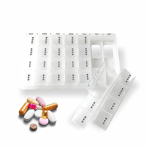 Pill Box Weekly Tablet Organiser 7 Day Plastic Medication Dispenser 4 Times A Day Medicine Storage Box with 28 Compartments for Medication Vitamins Supplements Pills 11cm X 17.5cm X 2cm (Pack of 1)