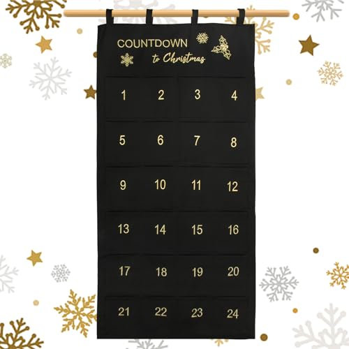 BOFUNX Adventskalender 2024 als Wandkalender zum Befüllen mit 24 Stoffbeutel Weihnachtskalender Countdown to Christmas Kinder Wandkalender aus Stoff 120 x 60 cm Schwarz