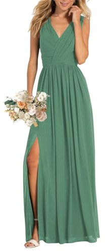 Damen V-Ausschnitt Brautjungfernkleider für Hochzeit Split A Linie Lange Formelle Kleider mit Taschen, Eukalyptus, 36