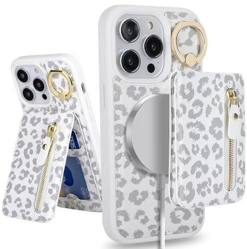 SailorTech iPhone 14 Pro Max Phone Case with Card Holder, iPhone 14 Pro Max Case Magsafe Ring Stand with Kickstand Card Slots Wallet Detachable 2-in-1 Zipper Case - White Leopard