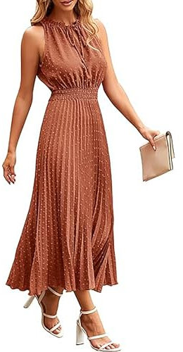 ONAYEYO Damen Sommer Plissee Lang Kleid V Ausschnitt ärmellos Schweizer Punkt Sommerkleid Elegant Hohe Taille Abendkleid Midikleid Casual Einfarbig Strandkleid (XL, Ziegelrot)