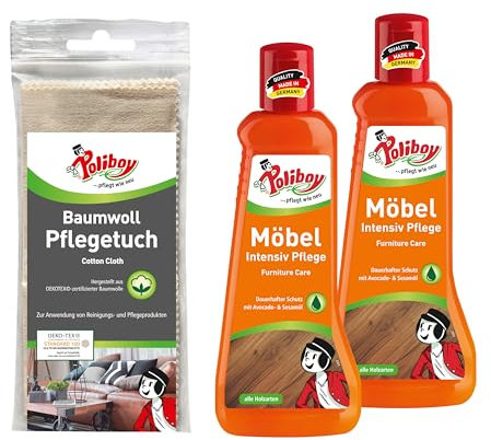 POLIBOY Möbel Intensiv Pflege - Pflegemittel für lackiertes Holz - Schützende und auffrischende Holzpflege - Farbneutral - 2x 200 ml - Mit Baumwolltuch - Made in Germany