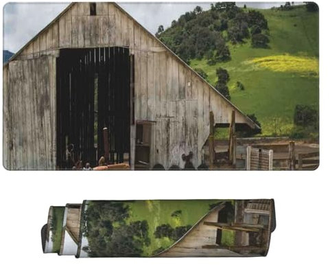 Old Wooden Barn with Rusted Tractor Extra Large Rubber Keyboard Pad - 40.1x74.9 cm Ergonomic Mouse Pad for Gaming and Office Use