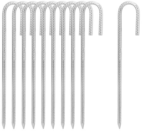 CHUENKUK 10 Stück 12 Zoll Bodenanker Erdanker, 30 cm x 8 mm J-Haken Zeltnägel, Zeltheringe Verzinkt, Ideal zum Zaun, Zelten, Vordächern, Camping, Trampolin, Blumenständer, Silber