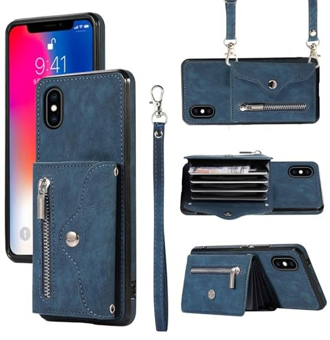 Asuwish Handyhülle für iPhone XS/X Hülle mit Band Kartenfach Klappbar Geldbörse Ständer Handyhüllen Cover Leder Kette iPhone10Hülle i 10 10s 10x 10xs Handy Hüllen Schutzhülle Damen Phone Case Blau