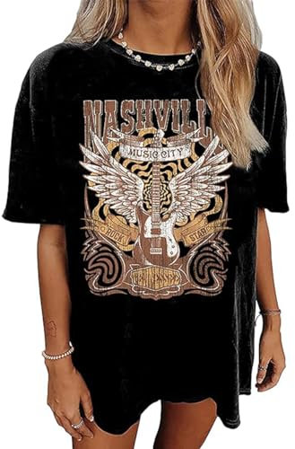 AVOZAL Damen Oversize T Shirt Sommer Rundhals Kurzarm Vintage Oberteile Tops Gitarre Gedruckt Casual Locker Lang Tee Shirts Bluse(L,Schwarz-NASH)
