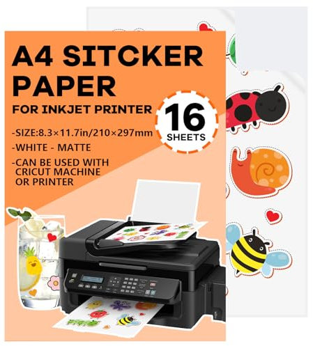 NICEIN® A4 Selbstklebende Folie Sticker Papier | Vinyl Klebefolie Transparent Druckerpapier, Wasserfest Bedruckbare Klebefolien Aufkleber für Tintenstrahldrucker Laserdrucker (Weiß-16pcs)