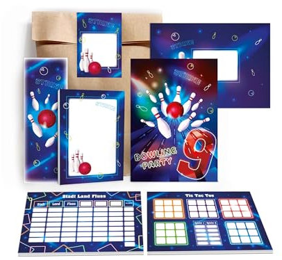 12 Einladungskarten zum 9. Kindergeburtstag Bowling Kegeln Geburtstag Kinder Jungs Mitgebsel inkl. 12 Umschläge, 12 Tüten, 12 Aufkleber, 12 Lesezeichen, 12 Blöcke, 12 Stadt-Land-Fluss, 12 Tic Tac Toe