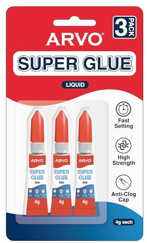 ARVO Super Glue Liquid 4g, Pack of 3 - All purpose, Fast-drying Impact Tough & Fast Setting with Anti-Clog Cap Ideal for Metal, Ceramics, Leather