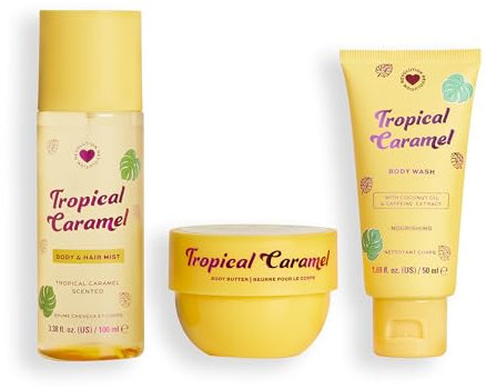 I Heart Revolution, Set de Regalo de Baño y Cuerpo Tropical Caramel, Conjunto Mini Todo-en-Uno para el Cabello y el Cuerpo para el Verano, Aroma Dulce, Vegano y Libre de Crueldad Animal