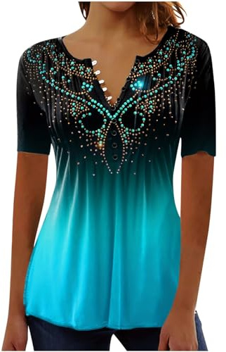 2024 Summer T Shirts for Women UK Short Sleeve Button Up V Neck Tops Trendy Pleated Henley Tunic Shirts Dressy Casual Butterfly Floral Print Blouse Ladies Elegant Going Out Tee