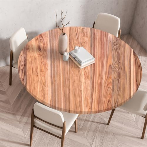 Odot Waschbare Elastische Runde Tischdecke 3D Holzdruck - Anti-Tear Wischbare rutschfeste Rund Tischdecken Abwaschbar Abwischbar Tischtuch für Dekoration Kaffee Garten Party (120cm,Hellbraun)