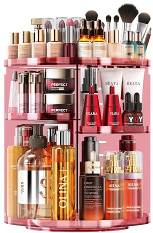 Auxmir Minimalistischer Make-up-Organizer, 9 verstellbare Ebenen, 360° drehbar, Kosmetik-Organizer mit Pinselhalter, Parfüm-Tablett, Rosa, 9 Schichten