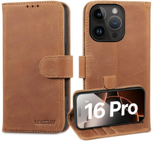 LENSUN Hülle für iPhone 16 Pro Echtleder, Standfunktion - Vintage Braun | Handyhülle Echtes Leder, RFID Schutz Handytasche, Retro Lederhülle, Robuste Schutzhülle, Magnetisch