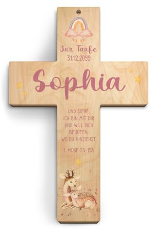 Kartenmachen.de Taufkreuz personalisiert aus Holz Taufgeschenk Mädchen Junge 13x20cm - Rehe - Birkenholz Look