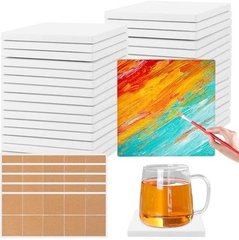 DAJAVE 20 sottobicchieri in ceramica per fai da te, 10 x 10 cm, quadrati in ceramica bianca, sottobicchieri per bambini, per fai da te, piastrelle in ceramica per lavori di bricolage, sottobicchieri
