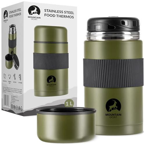 MOUNTAIN GOAT Thermobehälter für Essen 1L aus Edelstahl, Doppelwandig, Druckentlastungsventil, Isolierbehälter Auslaufsicher, Hält 12h Warm 24h Kalt, Isolierflasche für Büro, Outdoor, Wandern, Grün