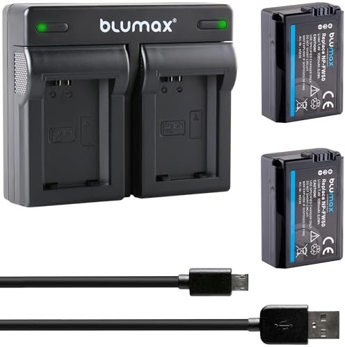 2 x Blumax Battery Replacement for Sony NP-FW50 [1080 mAh] + Dual Charger for Alpha 7 7II 7R 7S II 55 6300 6500 / NEX-6 NEX-7 NEX-F3 / DSC RX10 IV // ZV-E10
