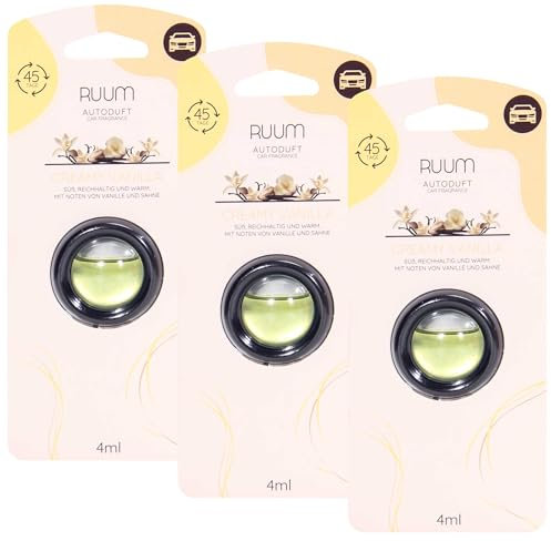 RUUM Auto-Duftclips Creamy Vanilla, 3er Set je 4 ml, Autoduft & Lufterfrischer für Lüftung, Innenraum & Neuwagenduft gegen Gerüche