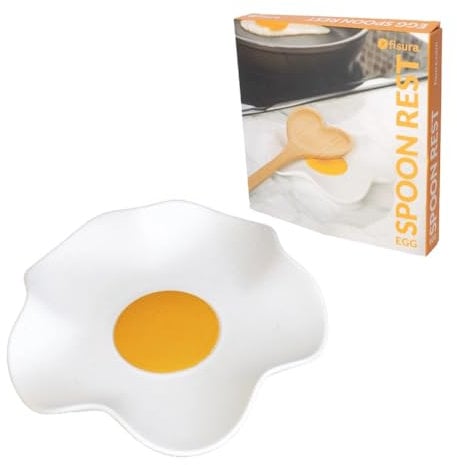 FISURA - Original Spoon Holder Egg Shaped, Silicone Egg Spoon Rest Kitchen, White and Yellow Utensil Rest, 12 x 12 cm