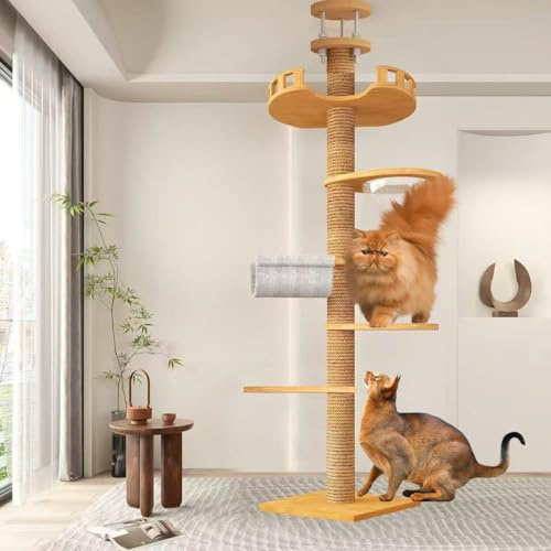 Sturdy Floor to Ceiling Cat Tree, 55-114'/55-122' Height Adjustable Solid Wooden Posts Cat Tower with Space Capsule & Hammock, No Drill Needed, for Large Cats, Saves Space for Indoor Cats​