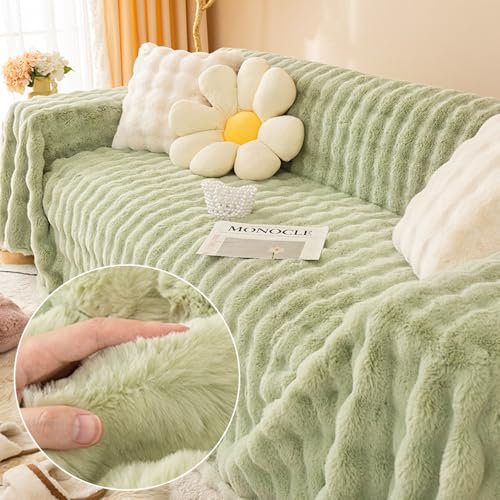 FANSU Plüsch Sofabezug 1 2 3 4 5 Sitzer, Antirutsch Winter Wärme Weich Sofaüberwurf Decke Ecksofa Couch Bezug Sofaschoner Sofa Decken Einteiliger Couch Überwürf (2 Sitzer Plus(180x260cm,Grün)