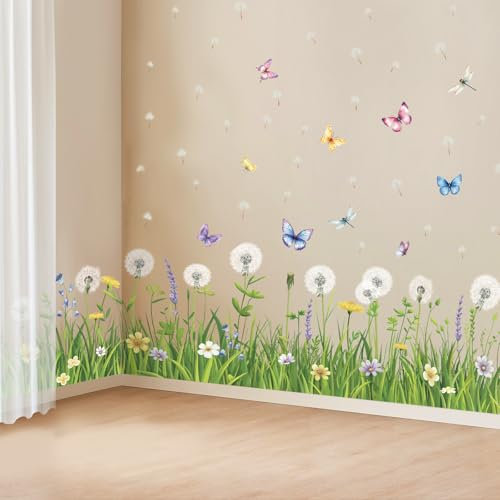 SHUCHING Stickers Muraux Pissenlit, Autocollants Muraux Fleur Herbe Verte Papillon Libellules, Décoration Murale pour Chambre Salon Cuisine Salle de Bain