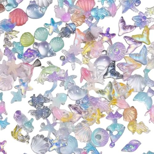 Ocean Themed Nail Charms, 200 Pcs Fish Jellyfish Seashell Starfish Mermaid 3D Nail Charms Summer Beach Clear Nail Rhinestones Gems Resin Nail Art Decoration Accessories for Women Girls