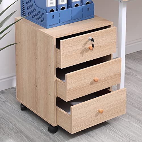 BonChoice 3 Drawers Mobile File Cabinets Pedestal Office Filing Cabinet Lockable with Rolling Casters, Wood Under Desk Storage Cabinet for A4 Paper (#2 Walnut)
