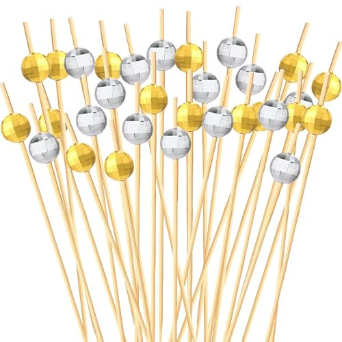 100 Pack Disco Ball Cocktail Picks, Mirror Appetizer Skewers, 4.7 Inch Fancy Toothpicks for Drinks Wedding Party Supplies, Bamboo Wooden Sticks for Fruits Snacks Canapes (Silver, Gold)