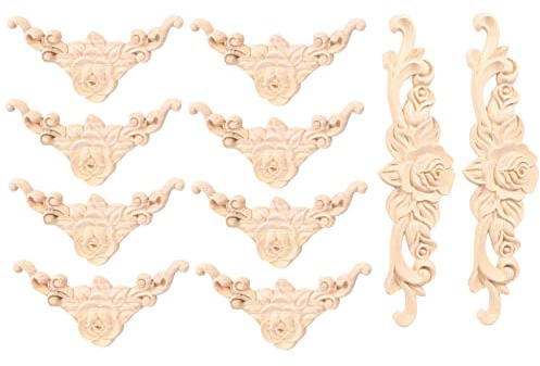 Xnuiasqe 10 Pcs Wood Carved Wall Decor Floral Wood Carved Applique Corner Decorative for Furniture Door Cabinet Bed Decorations