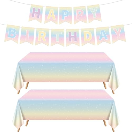 Pastell Regenbogen Partydekorationen, 2er-Pack Pastell-Tischdecken, Pastell Happy Birthday Banner für Mädchen Regenbogen Geburtstagsparty Zubehör Dekorationen