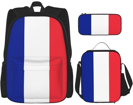 WZYCWB Mochila escolar con bandera de Francia + estuche + bolsa de almuerzo combinada adecuada para viajes diarios