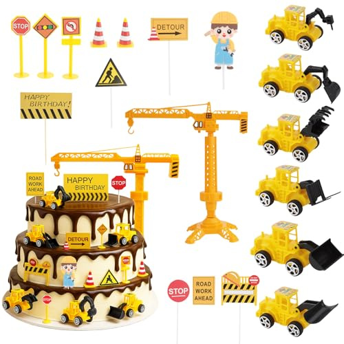 19pcs Mini Tortendeko Bagger - Baustelle Tortendeko Geburtstag, Einschulung Kindergeburtstag, TortenKuchendeko Geburtstag Cake Topper, Bagger Kuchen mit Verkehrsschildern Deko