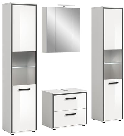 xonox.home - 4tlg. Kombination Kojak Badezimmerkombination in Front weiß Hochglanz Tiefzieh Korpus weiß Melamin - Badmöbelset - modern und funktional inkl. Beleuchtung