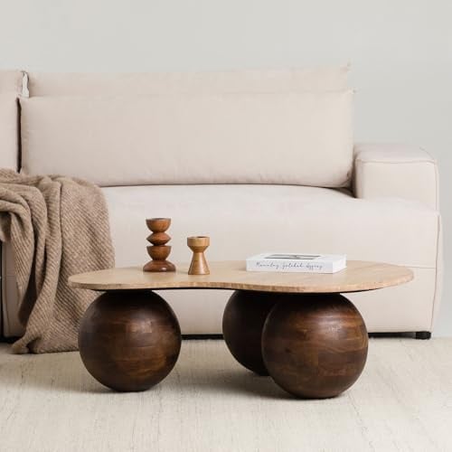 IDIMEX LUNI Couchtisch mit organischer Tischplatte aus Travertin und Kugelbeinen, 90 x 30 x 65 cm, Braun/Beige - Moderner Wohnzimmertisch, Couchtisch Massiv Holz, Coffee Table, Design-Highlight