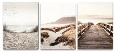 AEFOUU 3-teiliges Natur-Seestück auf Leinwand: Grasbrücke, Strand, Sonnenuntergang – Wandbild, Poster, moderner nordischer Druck, Heimdekoration 50x70cm Kein Rahmen