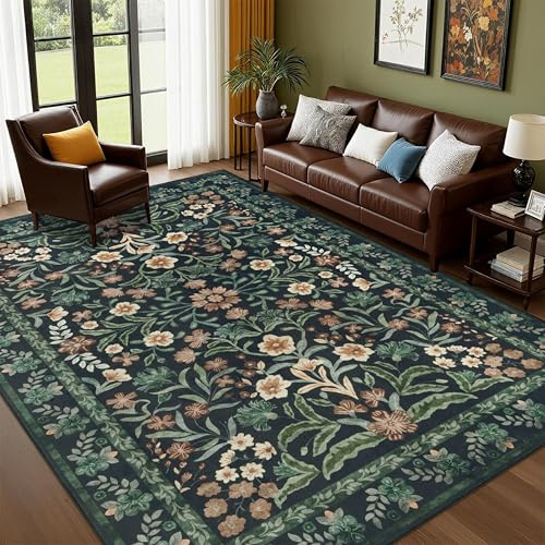 Edlbaegy Teppich Wohnzimmer Schwarz 160x230cm Waschbarer Teppich Blumenmuster Rutschfester Teppiche Schlafzimmer Vintage Wohnzimmerteppich für Esszimmer Büro Küche Spielzimmer