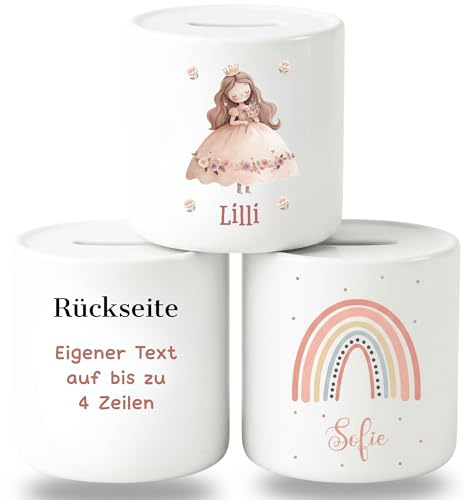 smartaini Personalisierte Spardose für Kinder mit Namen – Porzellan Kinderspardose personalisiert – Sparschwein Kinder Sparbüchse – Geschenk zur Geburt, Taufe oder Geburtstag (Prinzessin)