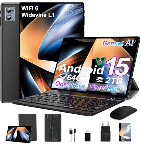 SUAAT 2026 Tablet Android 15 Octa Core Tablets 10 Zoll mit 64 GB ROM + 2 TB TF | 5G + 2,4G WiFi|Bluetooth 5.0 |8 MP + 5 MP | Typ C,Touchscreen-Tablet mit Hülle, Tastatur und Maus-Tiefschwarz