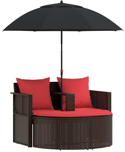 Tmriohed Garten-Sofa mit verstellbarem Sonnenschirm und Hocker, Polyrattan Sonneninsel für Außenbereich, Lounge-Set mit Sitzkissen, Braun und Rot, 168 x 168 x 180 cm